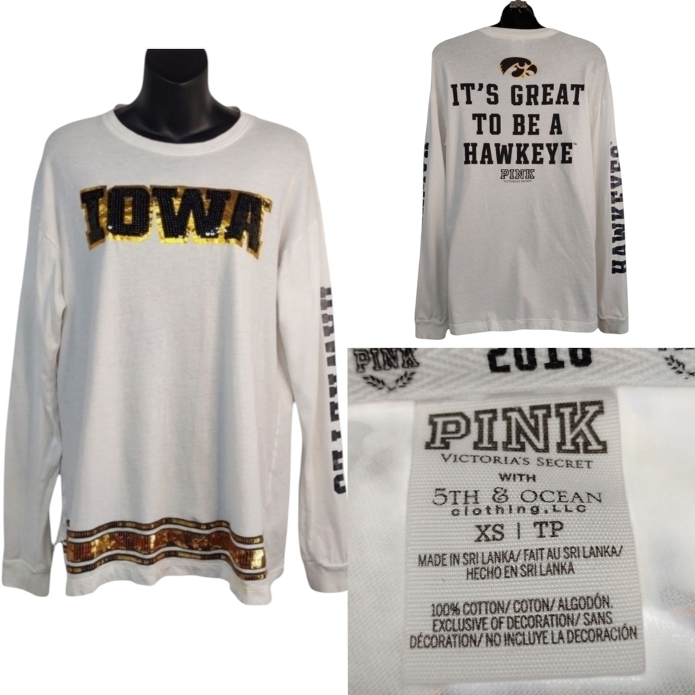 PINK Victoria's Secret Iowa Hawkeyes Women White Sequined Tshirt XS to L